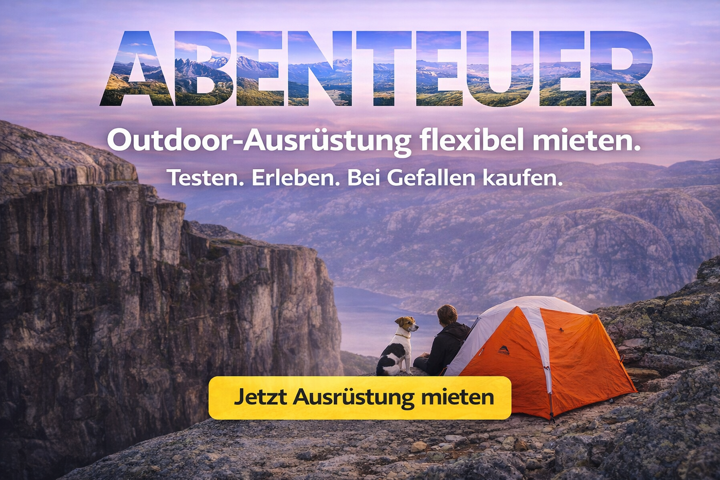 Frank mit Eddy unserem Hund in Norwegen auf einem Gipfel mit einem Slingfin-Trekkingzelt