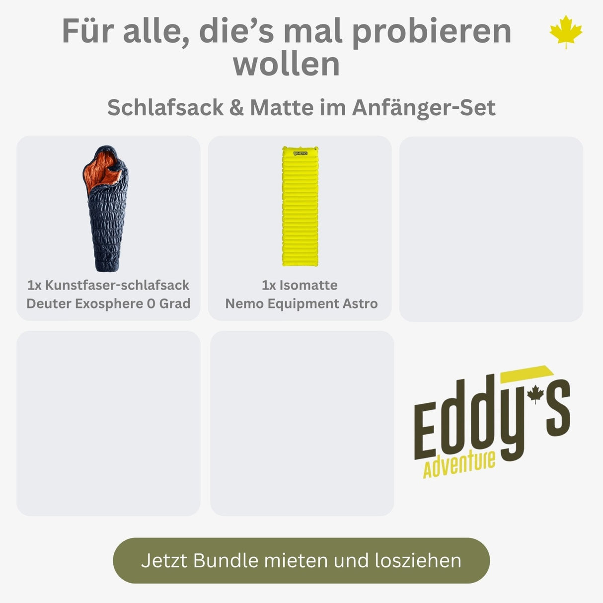 Kunstfaser - Schlafsack + Isomatte im Anfänger - Set Bundle mieten I Eddy's Adventure