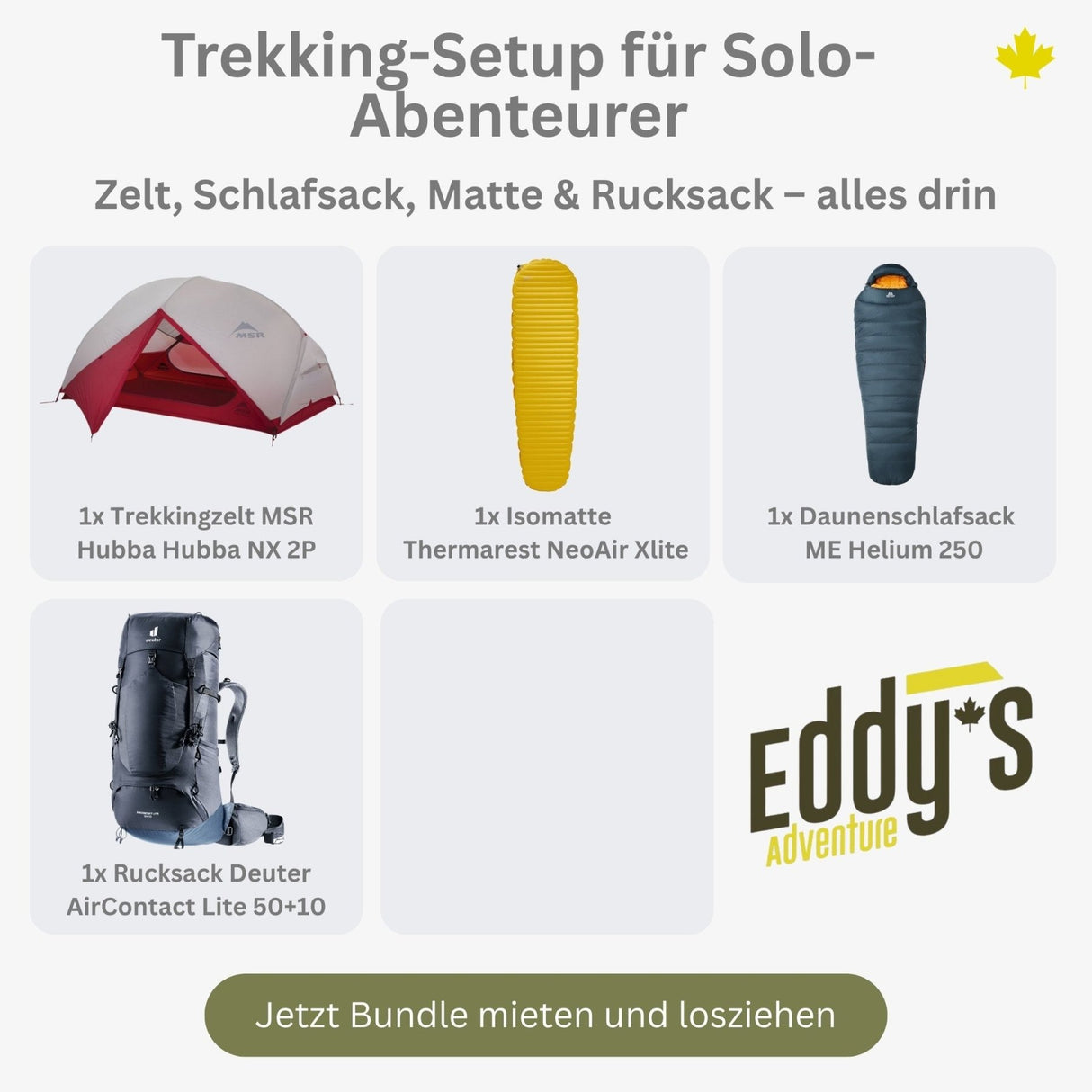 Trekking - Setup für Solo - Abenteurer Bundle mieten I Eddy's Adventure