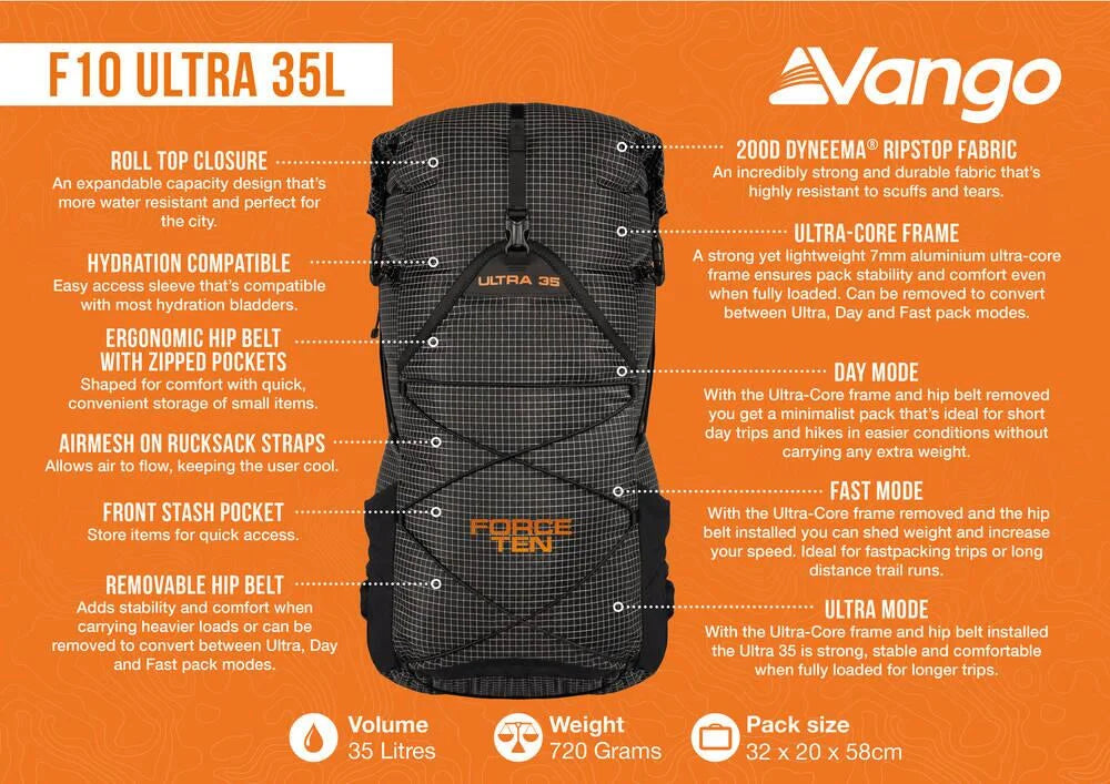 Vango F10 Ultra 35L ultraleichter Fastpacking-Rucksack