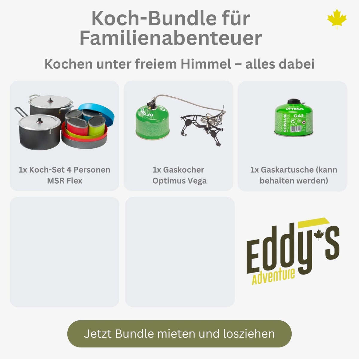 Cooking bundle for family adventures including gas for 4 people - rent ...