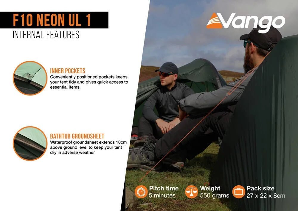Vango F10 Neon UL 1 - ultraleichtes Zelt für Bikepacking, Fastpacking, Long Distance